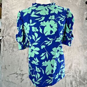 SHEIN Women’s XL Blue Green Floral Puff Sleeve Blouse Ruffle Mock Neck